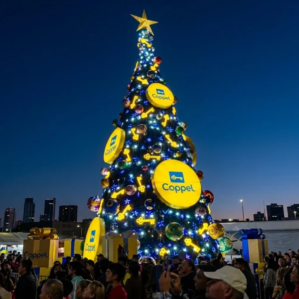 Árbol navideño monumental encendido durante la Navidad Millonaria de Coppel