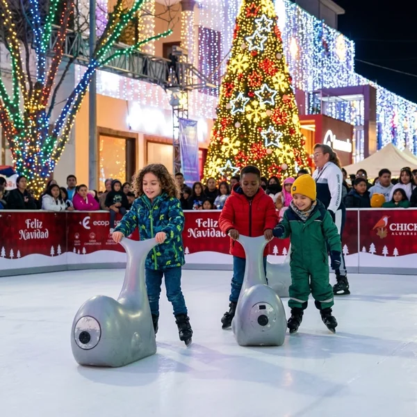 Inauguración con niños aprendiendo a patinar con andaderas de foca