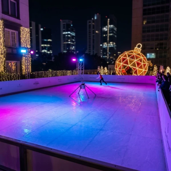Perspectiva amplia de los 200 m² de pista y esfera navideña iluminada