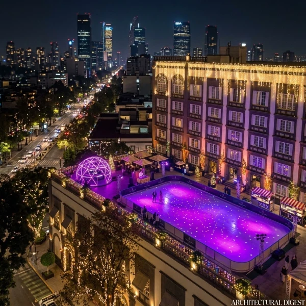Vista aérea nocturna de la terraza iluminada en Four Seasons Reforma